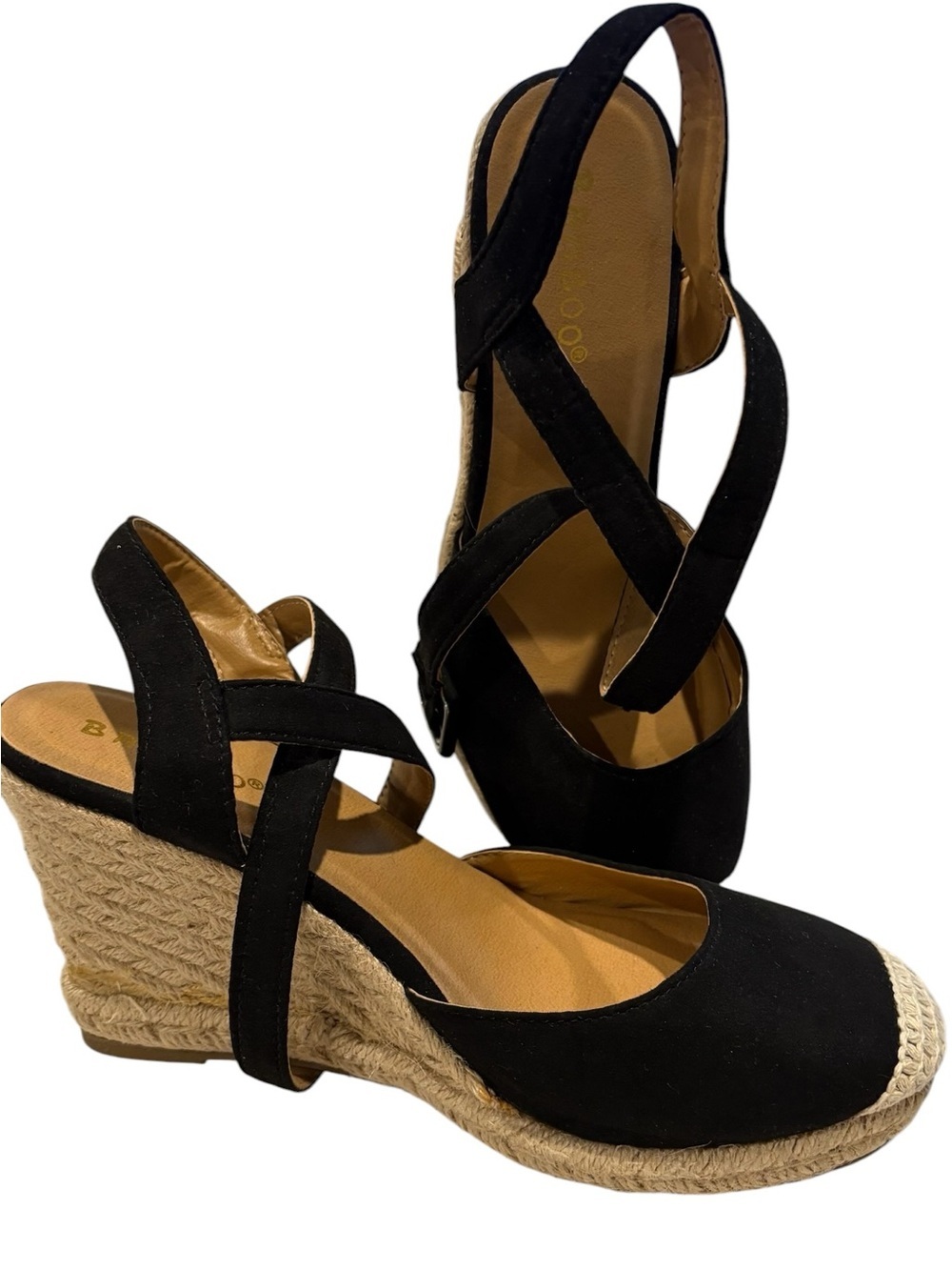 BAMBOO - Women's Criss Cross Espadrille Wedge Sandals, Shoes. Size 7.5. Black
